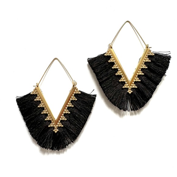 Boho Chic Black Tassel Earrings on Gold Tone - Picture 3 of 6